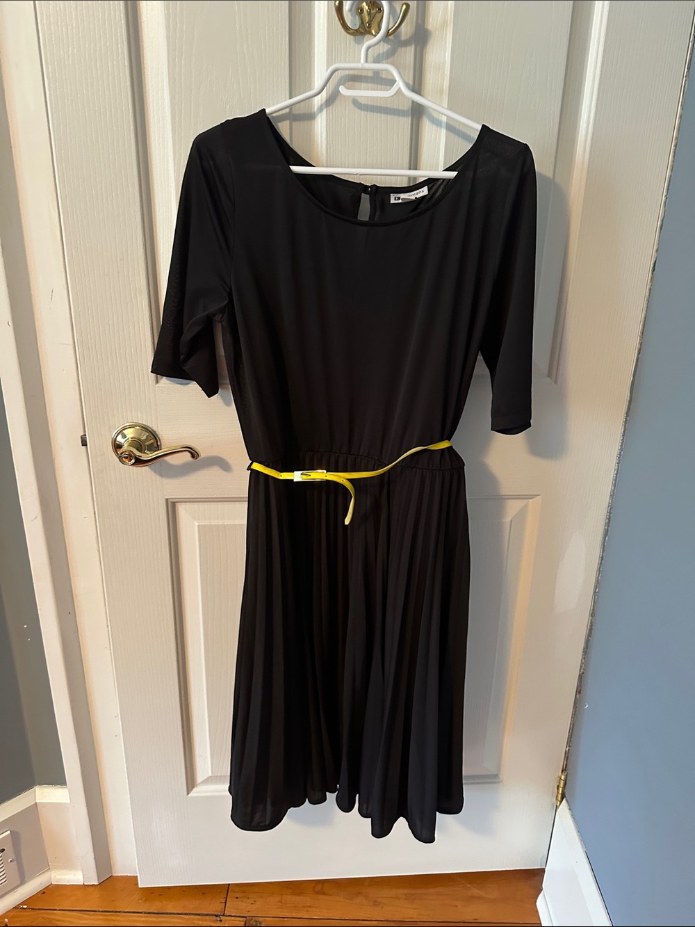 Black Pleated Midi Dress with Yellow Waist Belt